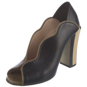 Fendi Black Leather Scalloped Open-Toe High Heel with Tan Trim